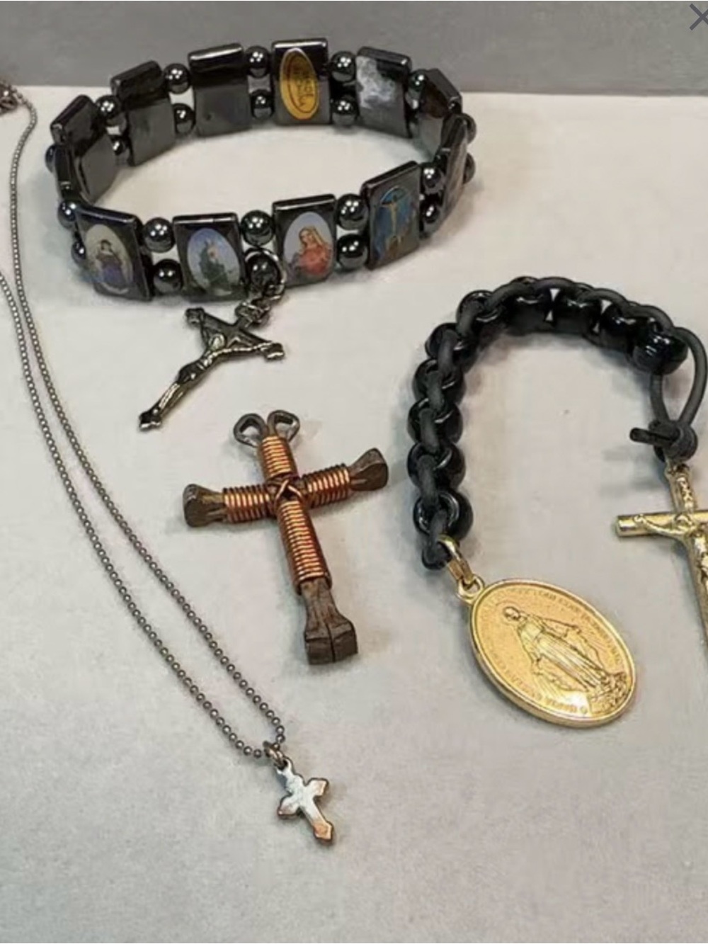 Devotional Icon & Artisan Cross Jewelry Lot 4pc Saint Panel Bracelet Nail Pendan